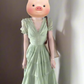 Summer holiday atmosphere small skirt beautiful gentle temperament green v-neck puff sleeve dress R0479