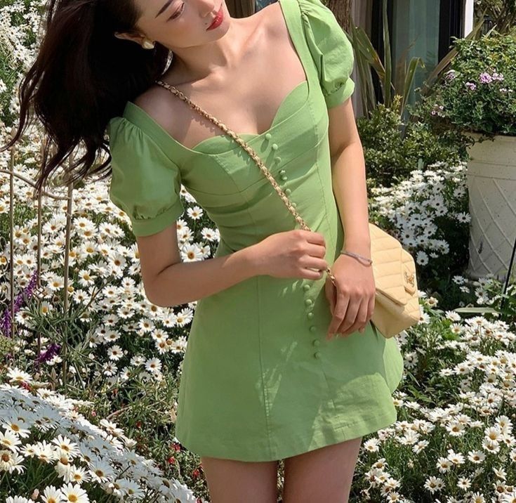 Green square neck puff sleeve waist slim short skirt homecoming dress R3445