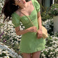 Green square neck puff sleeve waist slim short skirt homecoming dress R3445