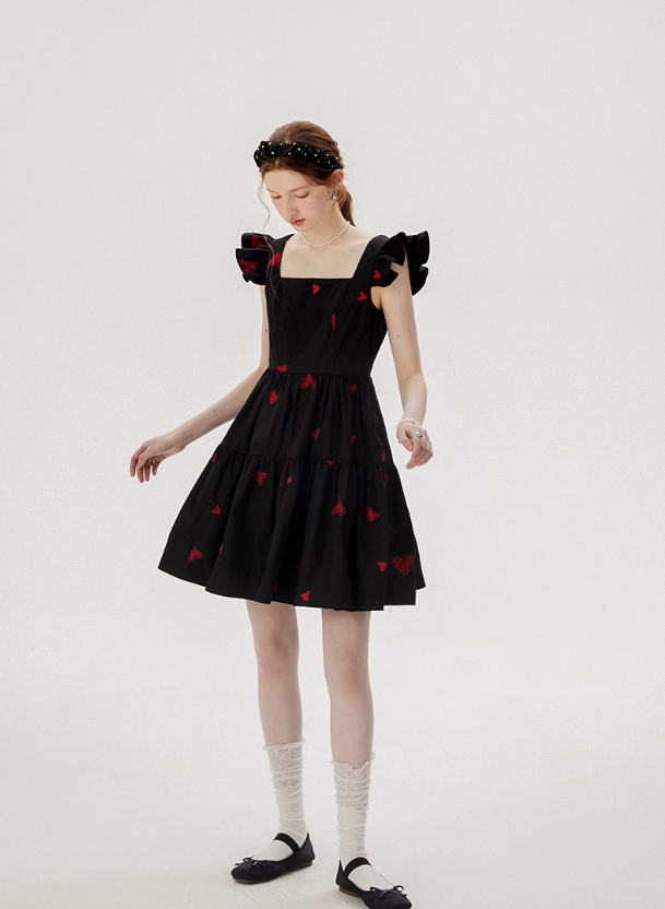 French style suspender floral skirt small flying sleeve black skirt short dress R2748