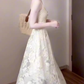 Retro v-neck hollow suspender dress niche waist temperament long skirt R0679