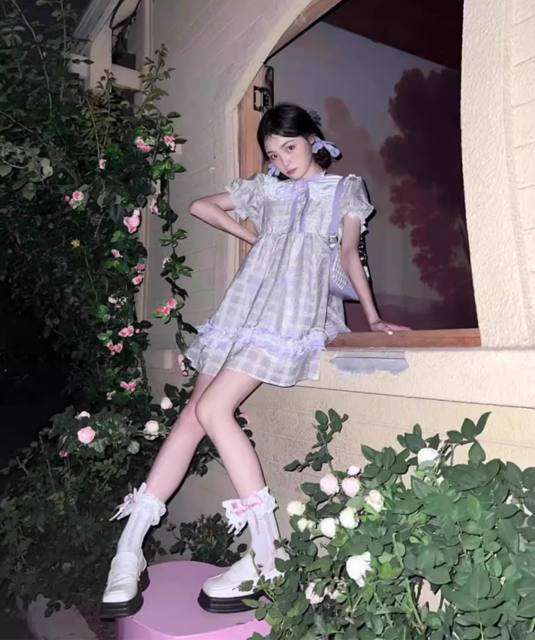 Tea break French first love sweet lolita dress doll collar plaid dress high-grade forest style 2025 R1635