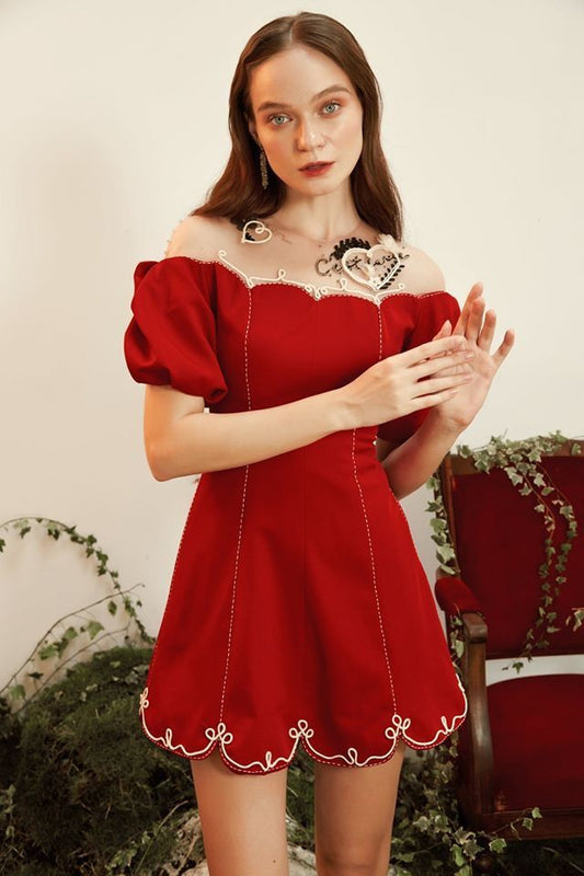 Red one-shoulder wave edge neckline waist slim sexy short skirt homecoming dress R2951