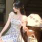 French Tulle Lace Splicing V-Neck Dress Women's Blue Floral A-Line Miniskirt R4418