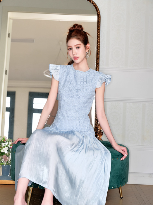 Light blue Princess sweet high waist flying sleeve long dress with Chanel style R4072