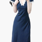 2025 Summer New Blue Polka Dot French V-neck Retro Temperament Long Dress R0947