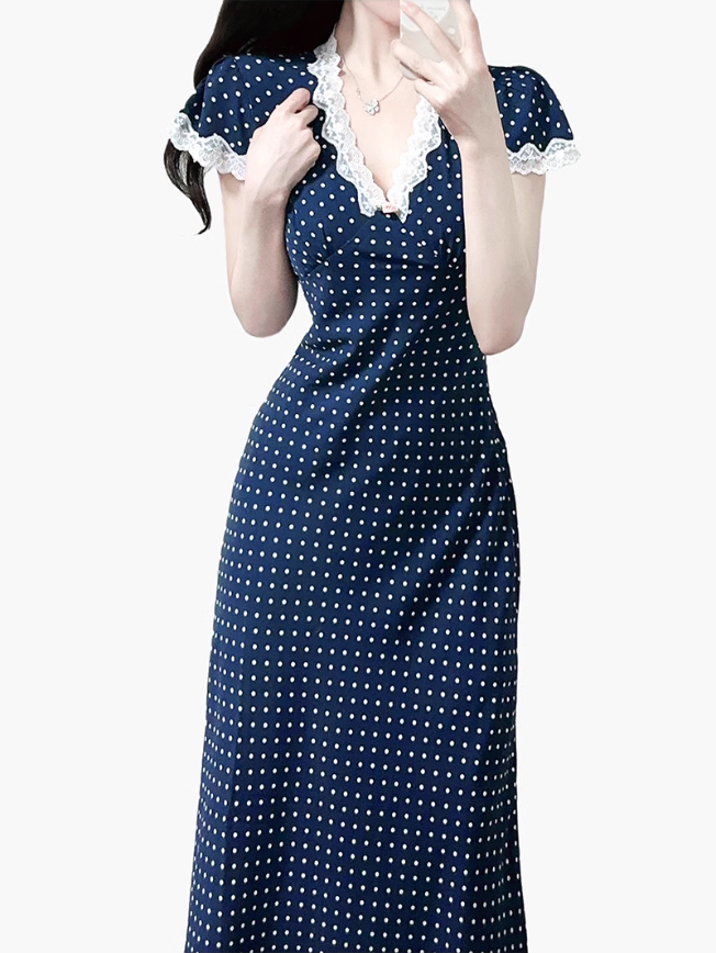 2025 Summer New Blue Polka Dot French V-neck Retro Temperament Long Dress R0947