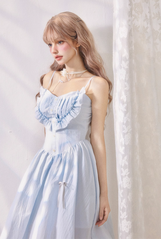 Fresh blue accordion pleated ruffled waisted suspender dress R5250