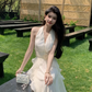 Gentle temperament ruffled V-neck halter dress beautiful waist A-line long skirt R0787