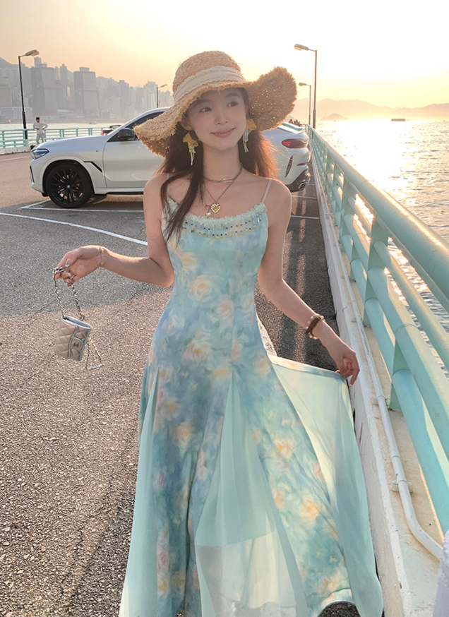 Long gradient print waist suspender dress summer French slim skirt R4946