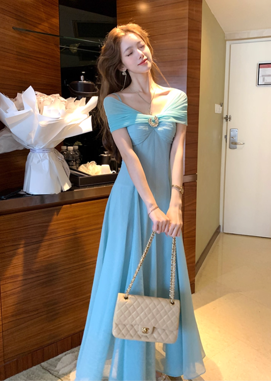 Blue long waist suspender dress women's summer French retro thousand gold skirt R4624