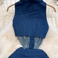 Retro lapel hollow exposed waist waist slimming sleeveless single-breasted A-line split denim dress R0375