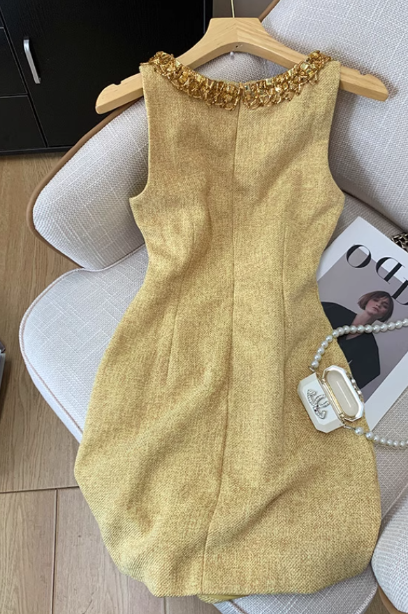 French style Chanel style vest dress new style waist slimming beaded temperament short skirt R3949