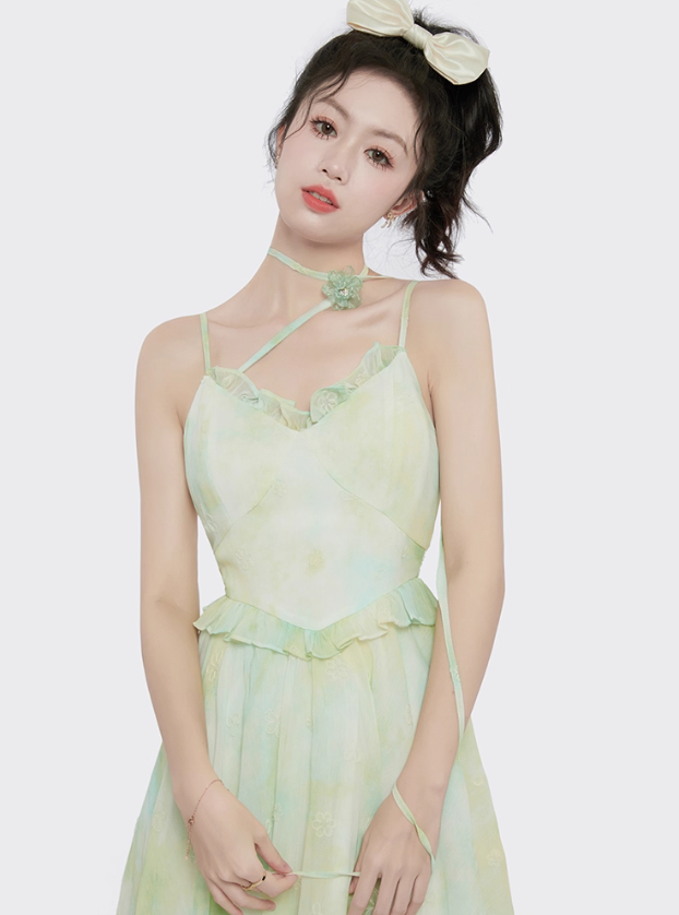 Small fresh and chic skirt embroidered suspender dress women's summer irregular mid-length skirt R4118