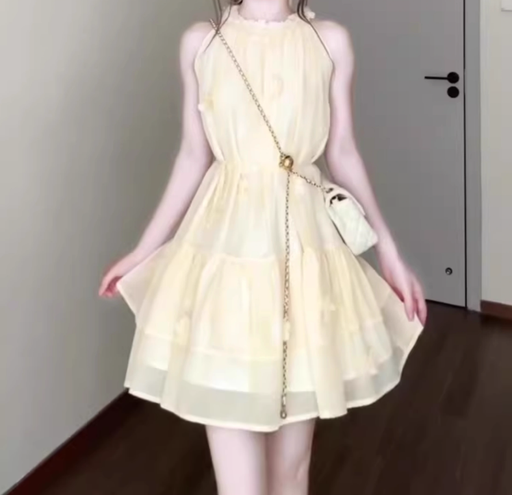 Gentle and sweet style flower halter neck dress beautiful waist A-line short skirt R0750