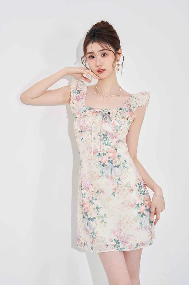 Niche design dress new summer French temperament waist slim sleeveless printed skirt R4297