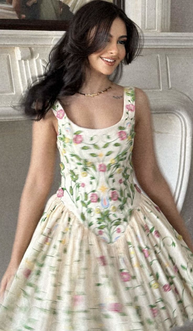 Fresh green floral suspenders low-cut sexy waist skirt homecoming dress R2623