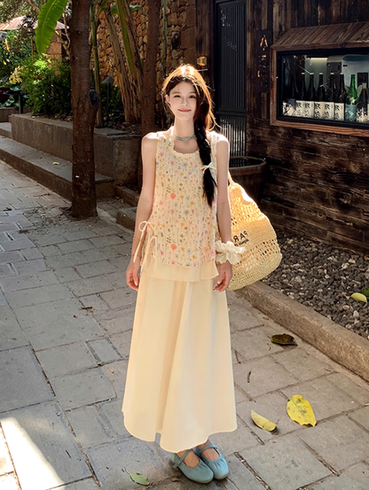 Gentle and pure daisy embroidered fake two-piece vest top with skirt suit R1745