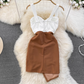 Fashionable and sexy tube top suspender skirt contrast color stitching tight irregular hip dress R0348