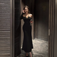 Hepburn style French dress high-end niche temperament sexy off-shoulder black dress R1781
