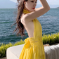 Beach holiday dress hides flesh and makes you look thin. Yellow backless French long skirt R0181