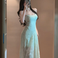 Gentle mint green jacquard suspender dress beautiful atmosphere small skirt R0806