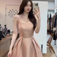 Gentle and elegant pink square neck suspender dress with waist A-line short skirt R0487