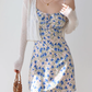 French retro blue floral suspender skirt sexy slim dress hip skirt R2852