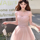 Pink waist chiffon suspender dress for women summer French retro temperament slim skirt R4866