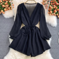 New fashion loose v-neck single-breasted waist strap chiffon puff sleeve jumpsuit wide-leg shorts trend R0350