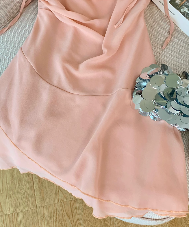 French ruffled large U-neck dress for women new style pleated gentle style short A-line skirt R4032