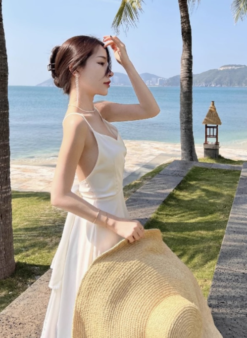 Super hot sling seaside holiday beach dress silk satin sexy backless travel long skirt R1529