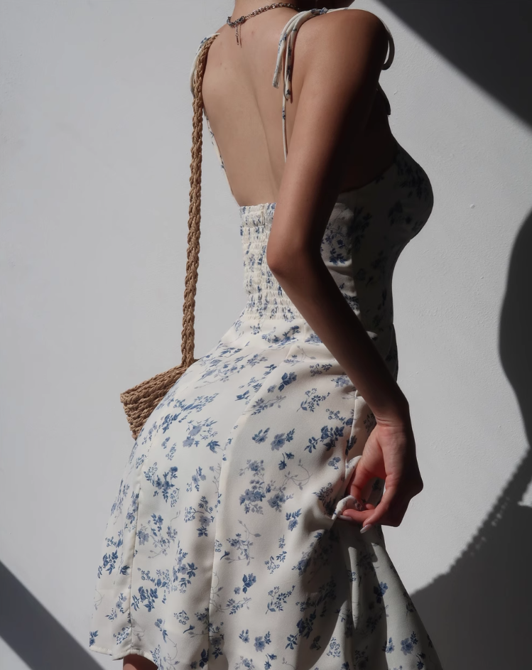 French retro girl fresh floral suspender skirt slim fit waist short skirt R2809