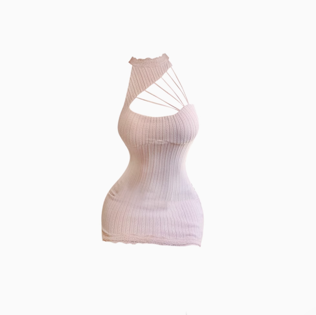 Pure desire hot girl sleeveless halter neck knitted dress 2025 hollow hip bottoming skirt R1023