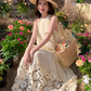 French retro hollow embroidery halter neck dress loose slim sleeveless holiday style long dress R0193