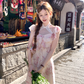 Long printed halter neck dress for women summer French style skirt R4831