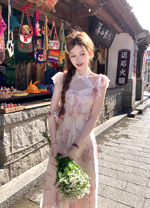 Long printed halter neck dress for women summer French style skirt R4831