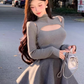 Pure desire design hollow bottoming shirt female 2025 puffy A-line skirt suit R1053