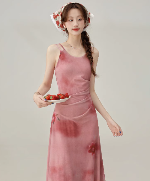 French tea break red print suspender dress summer seaside holiday dress R1906