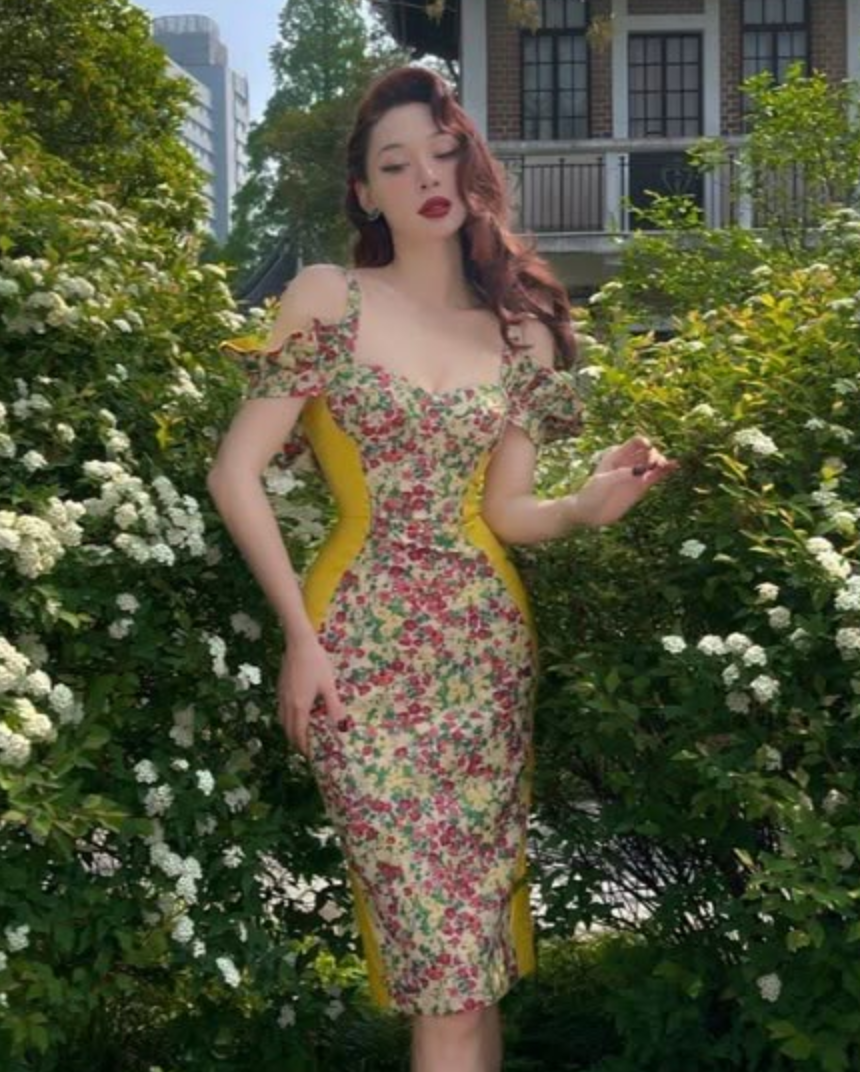 Retro floral sling one shoulder lace waist hip sexy long skirt homecoming dress R2959