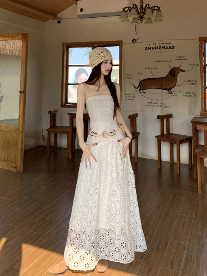 Gentle white moonlight dress hollow embroidery unique waist skirt wear tube top skirt R1704