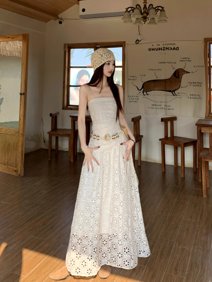 Gentle white moonlight dress hollow embroidery unique waist skirt wear tube top skirt R1704
