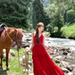 Red long v-neck off-shoulder waist halter dress summer French temperament sexy skirt R4579