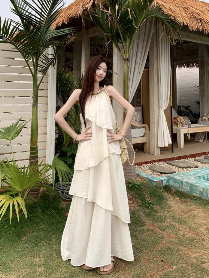 Fairy halter neck dress vacation outfit beach long dress irregular ruffle skirt R1721