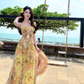 Gentle style floral suspender dress with backless and beautiful long dress R0561
