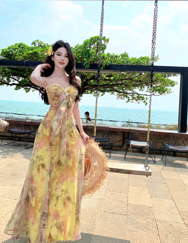 Gentle style floral suspender dress with backless and beautiful long dress R0561