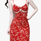 2025 Summer New Red Floral Sexy V-neck Mid-length Holiday Suspender Dress R0919