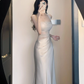 French style mesh hollow off-shoulder halter dress high-grade acetate satin waist slim hip skirt summer R0432