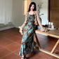French style retro green printed dress with slim waist and suspenders long dress with lace cardigan R1695