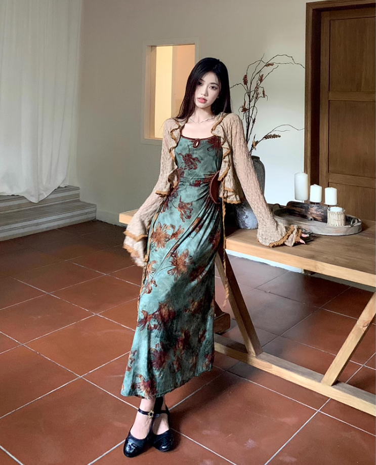 French style retro green printed dress with slim waist and suspenders long dress with lace cardigan R1695